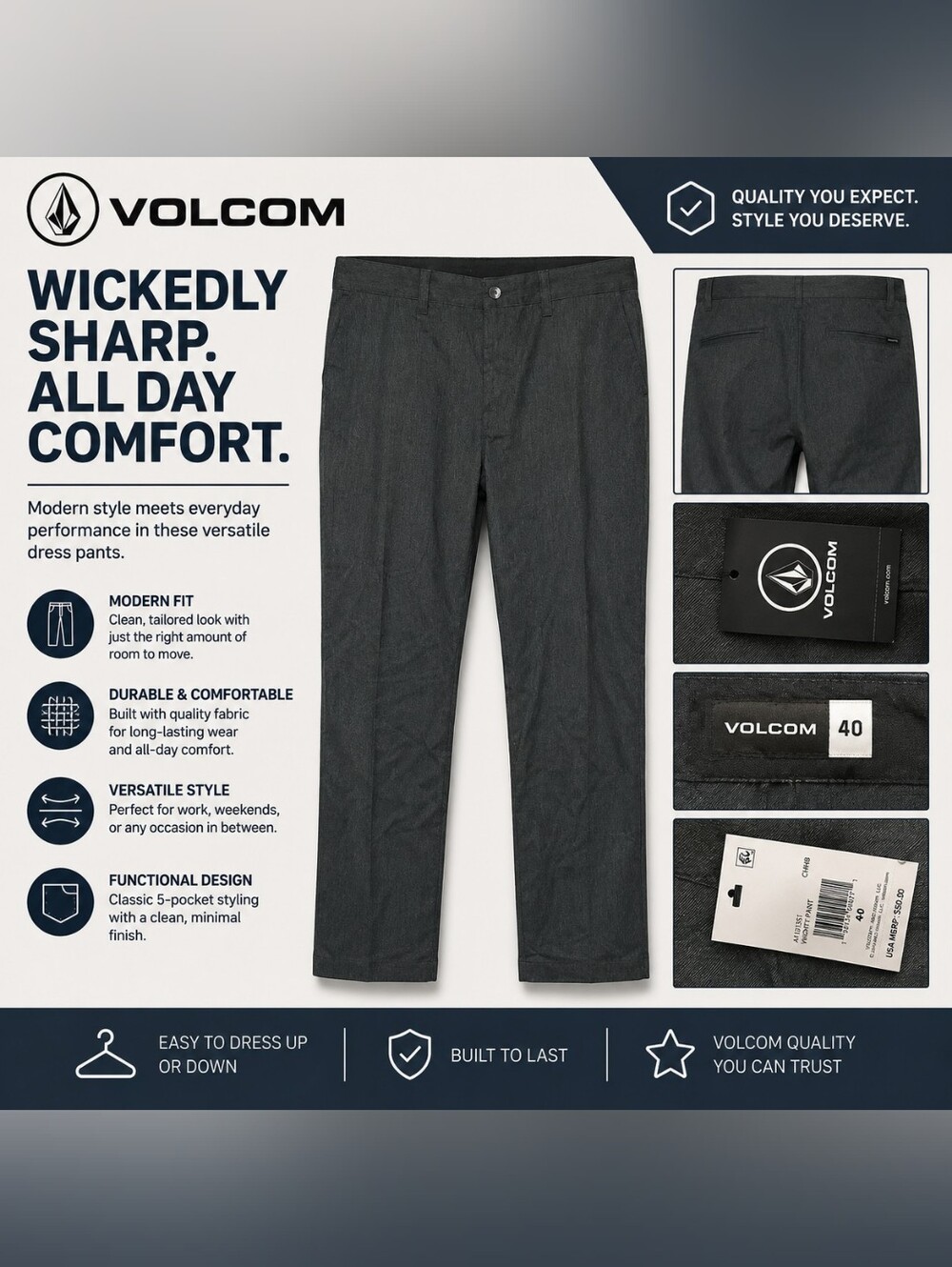 Volcom Black Logo Tag on Dark Gray Fabric